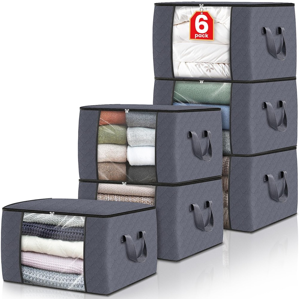 Fab totes Storage Bags,Clothes Blanket Bins Foldable 6 Pack-60L, Grey