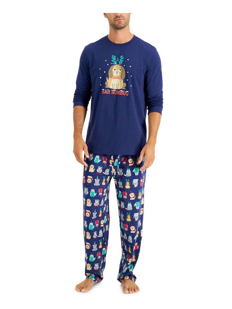 FAMILY PJs Mens Navy Top Elastic Band Long Sleeve Straight leg Pants Pajamas L