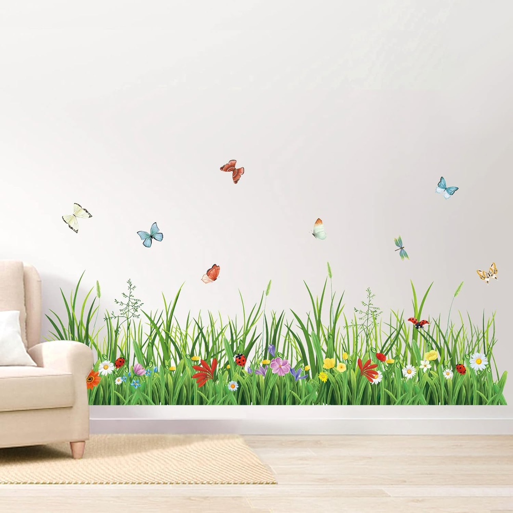 Green Grass Wall Corner Stickers Flowers Butterflies Baseboard Skirting Line Wal