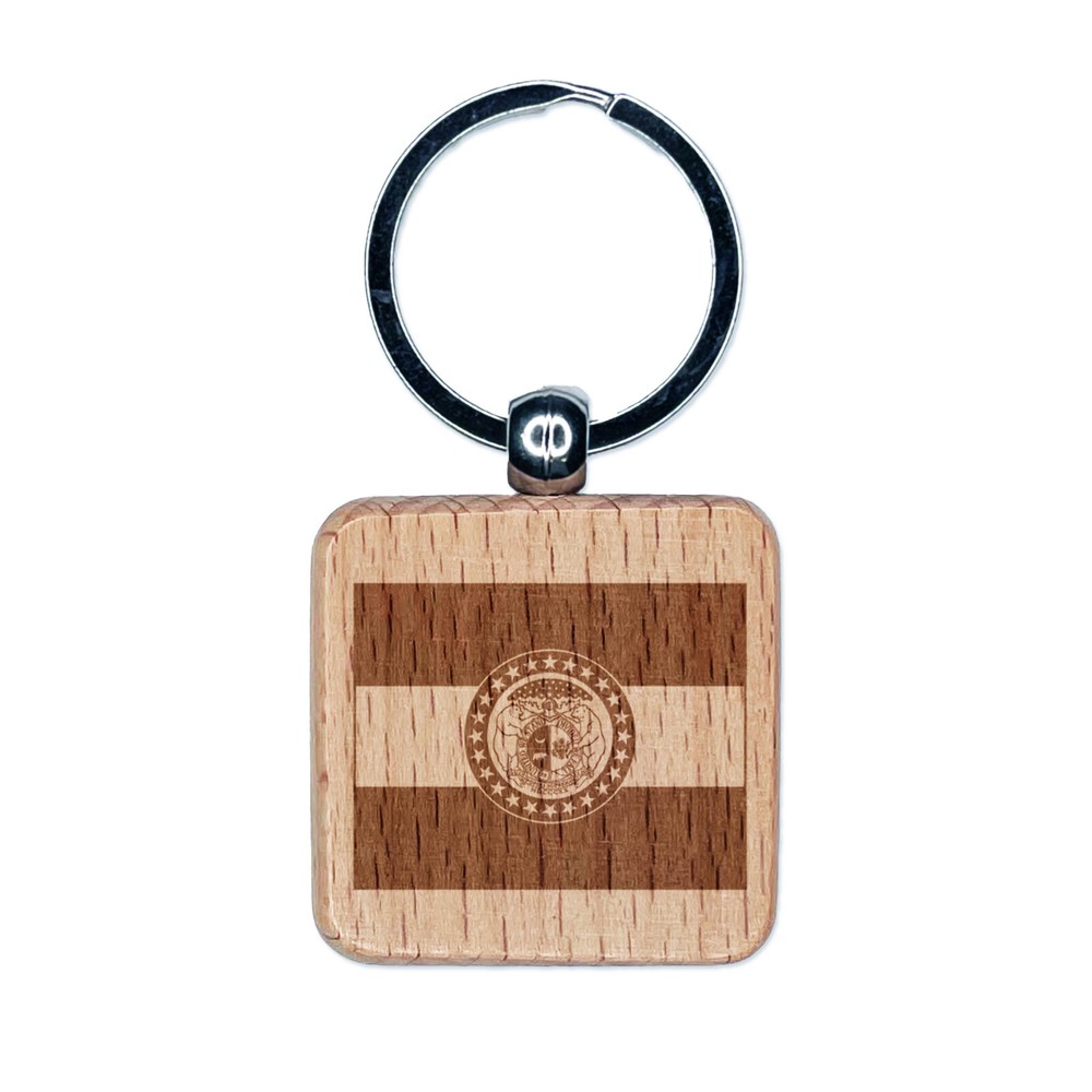 Missouri State Flag Wooden Engraved Square Keychain Charm  
