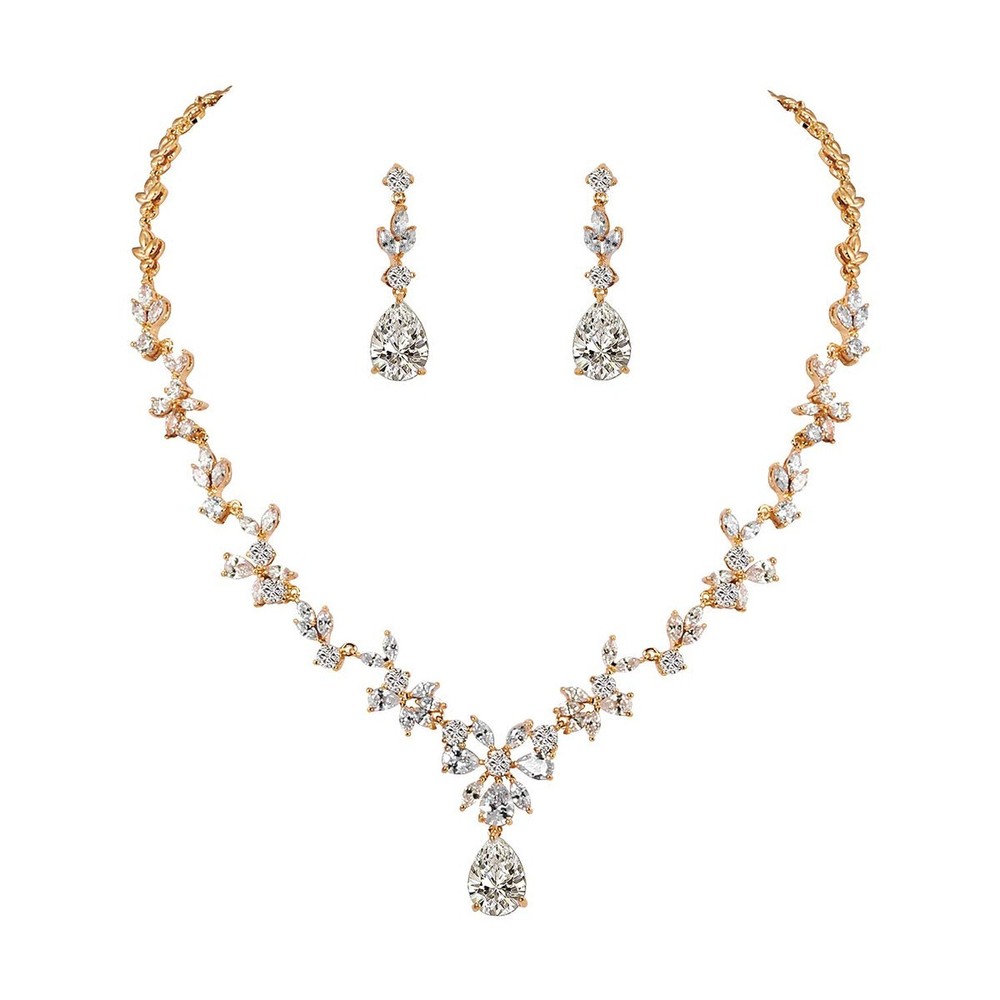 Women Cubic Zirconia Marquise Teardrop Bridal Necklace and Dangling Earring J...
