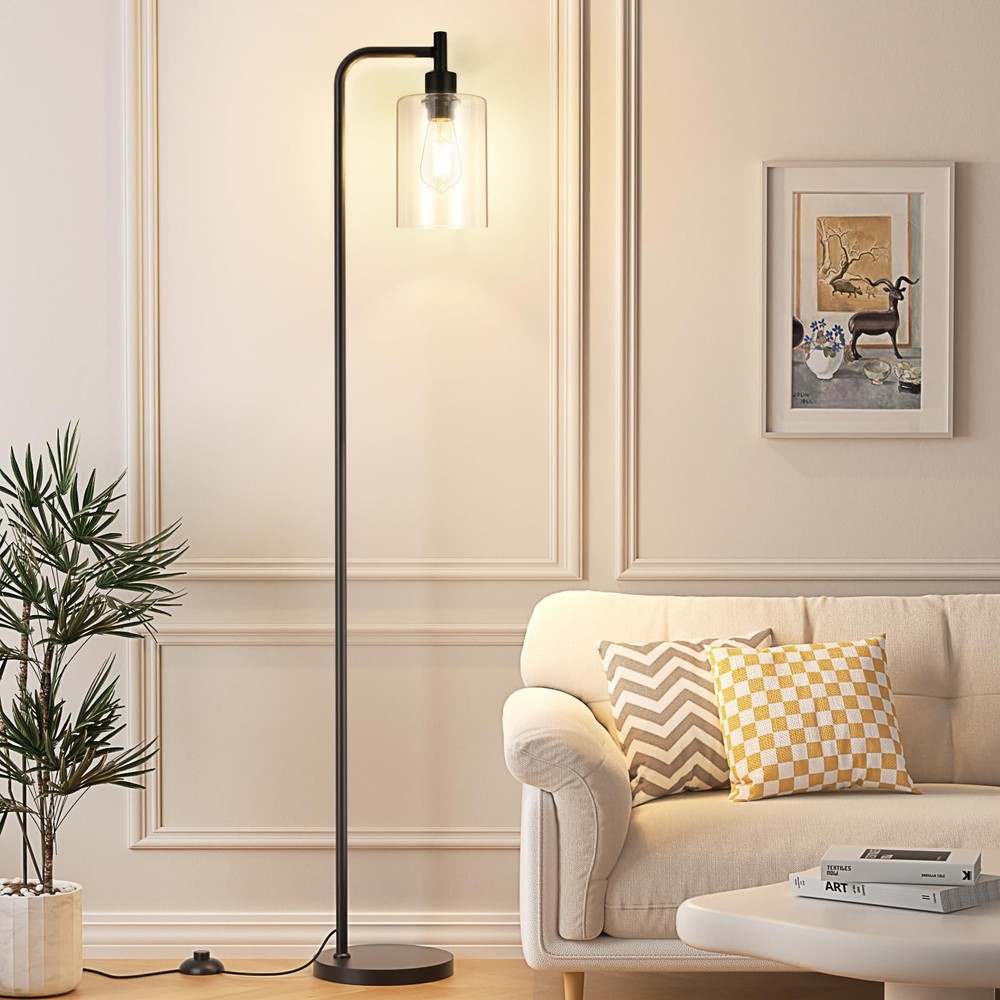 Industrial Floor Lamp with Glass Shade - Black, LED Bulbs, Foot Pedal Switch,...