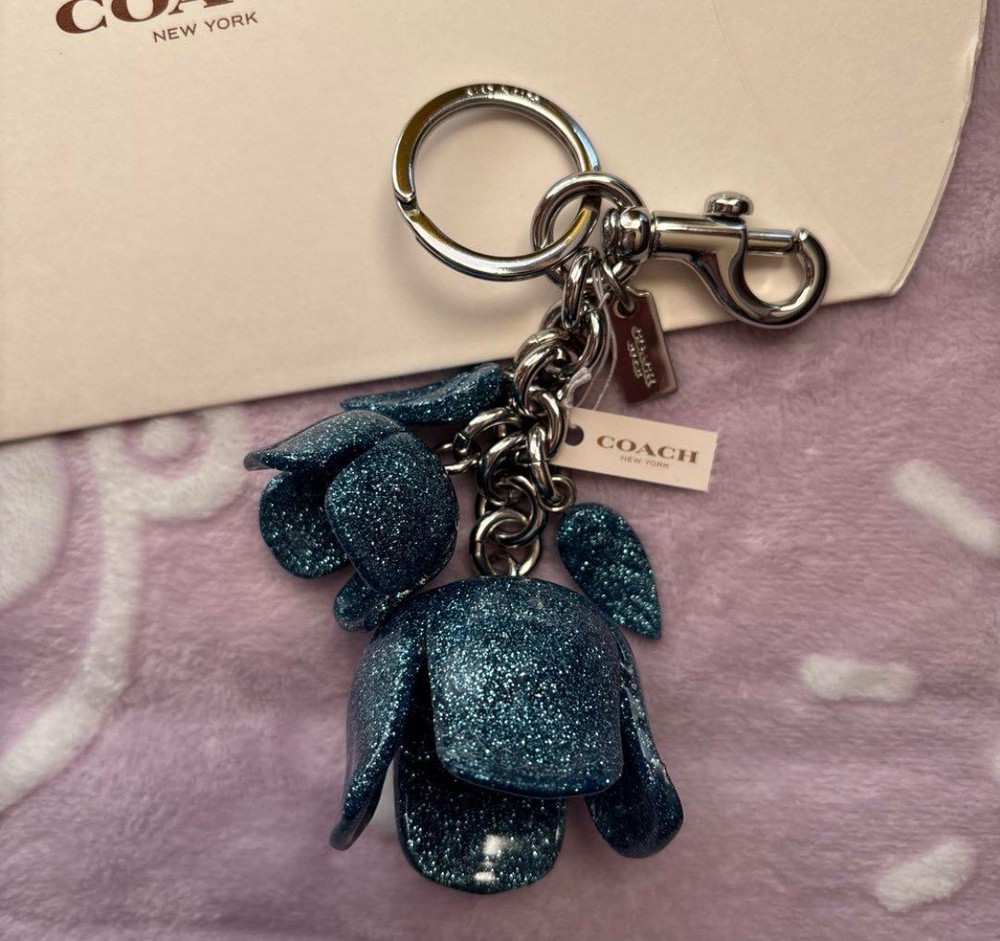 NWT Coach Large Blue Glitter Resin Flower Rose Charm Keychain