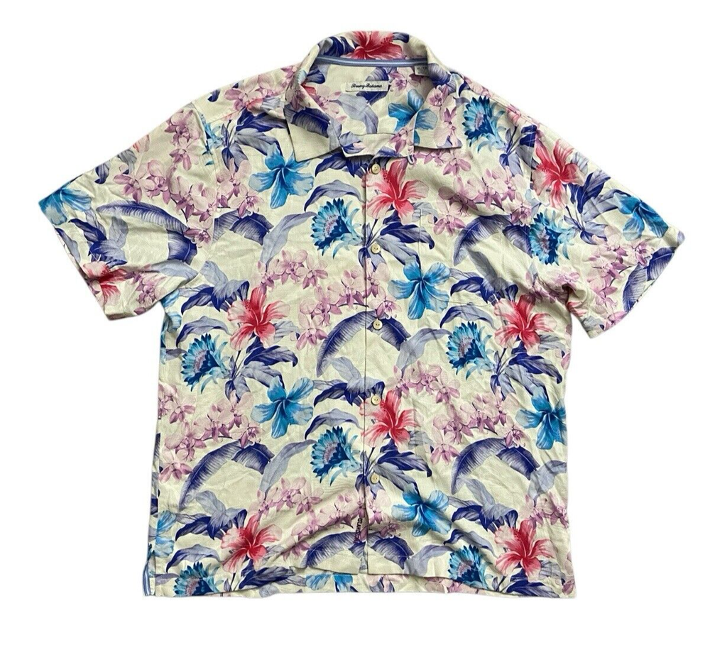 Tommy Bahama IslandZone Silk Blend Hawaiian Shirt Mens XL White Loop Collar