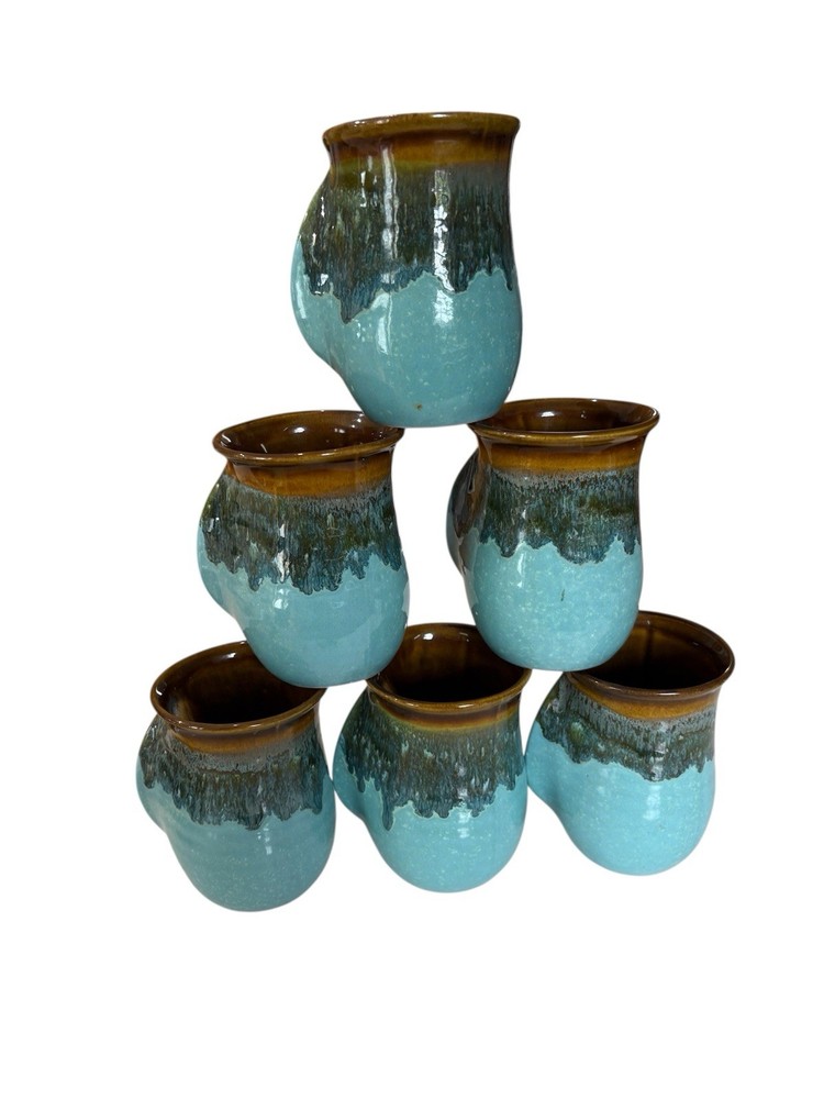 Neher Pottery 2008 Handmade Teal Brown Drip Hand Warmer Mug Set of 6 Signed
