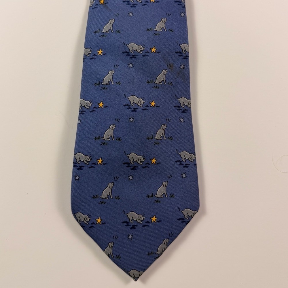 Hermes Paris Silk Tie Blue Dog and Star Animal Print Designer Necktie - see desc