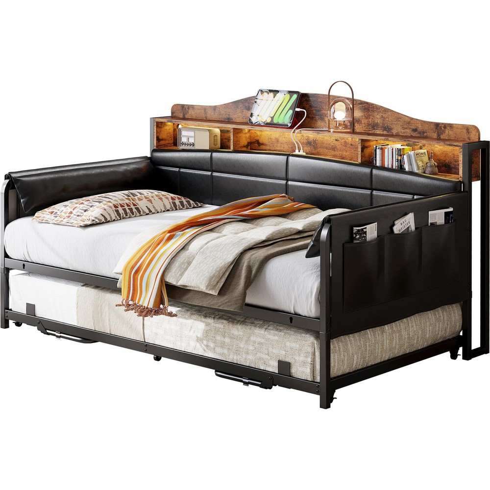 Twin Daybed with Trundle, Bookcase Headboard & Bedside Caddy