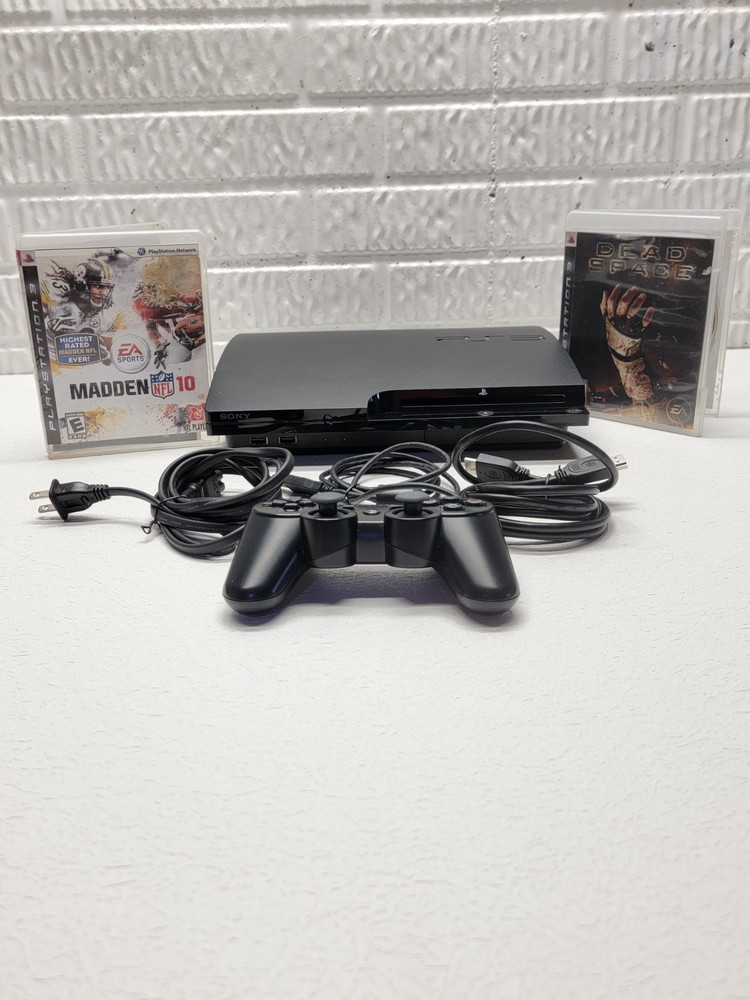 Sony PS3 Slim Console Bundle Controller Cables +2 Games Tested Works