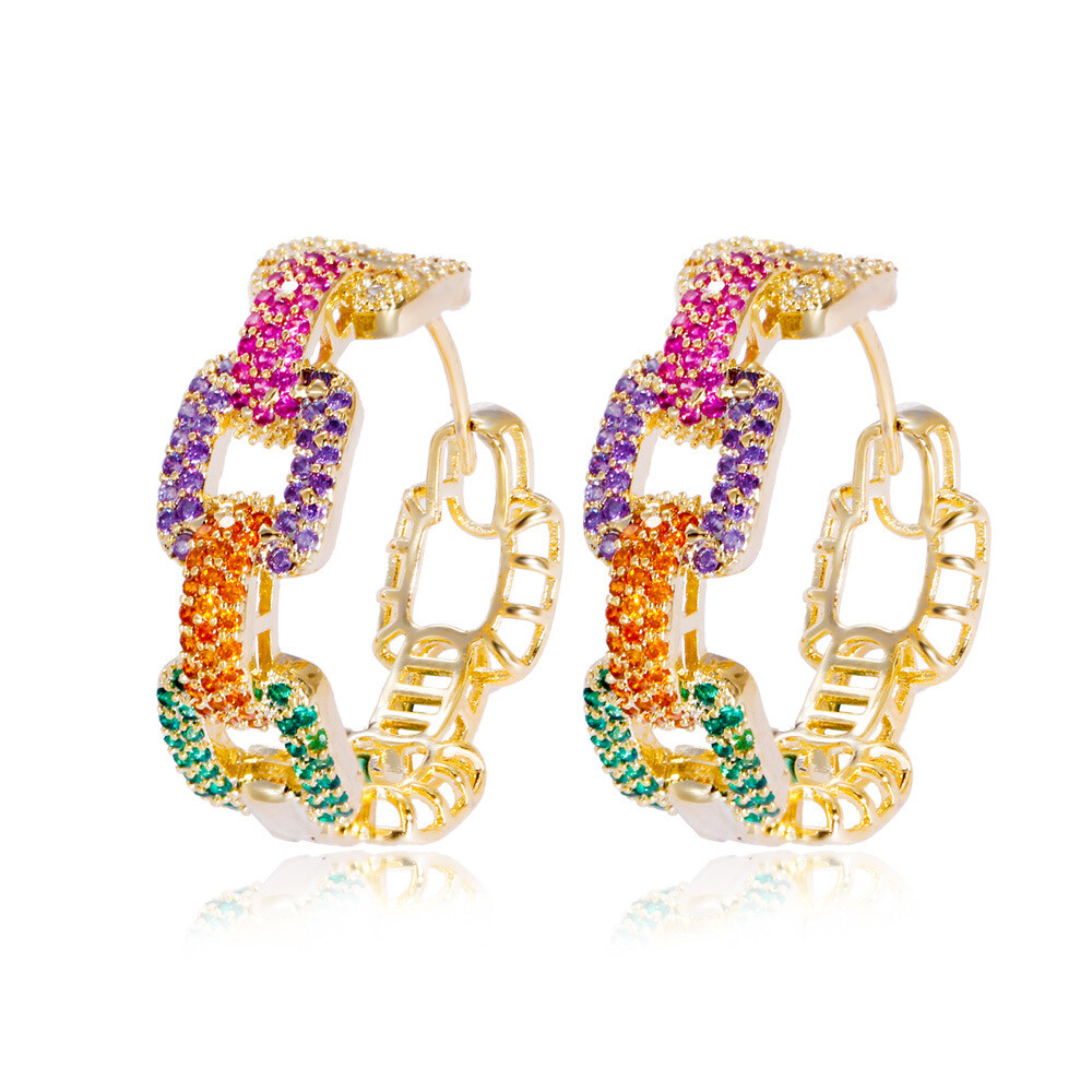 Elegant Gold Plated Multicolor Cubic Zirconia Chain Hoop Earrings for Women
