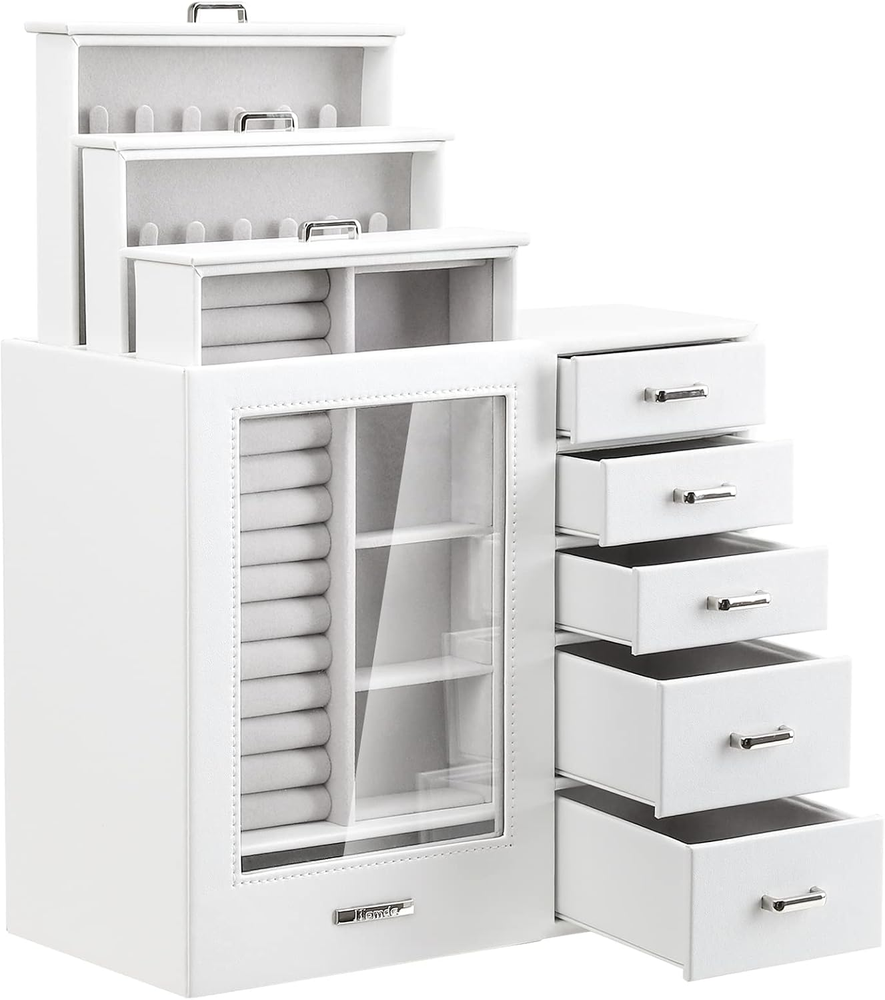 Large Jewelry Box/Organizer/Case with Glass Window, Drawers for Necklaces Earrin