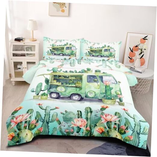 Green Rv Comforter Sets Queen Size,Cactus Bedding Set for Women Men,Plant