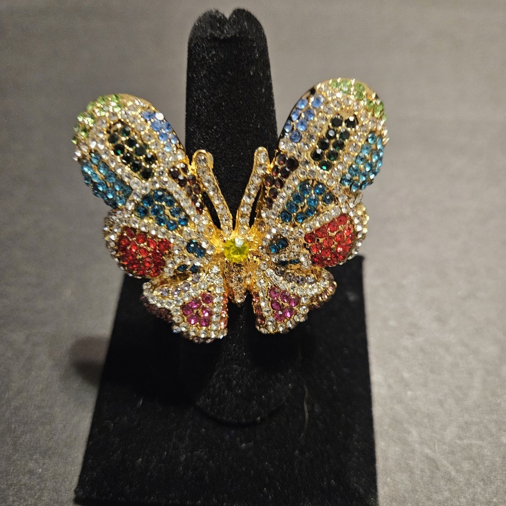 Gold Tone Multicolor Butterfly Statement Cocktail Ring Size 8