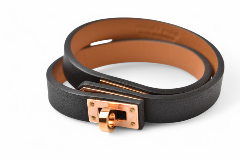 Hermes Kelly Double Tour Leather Bangle Black Pink Gold T2