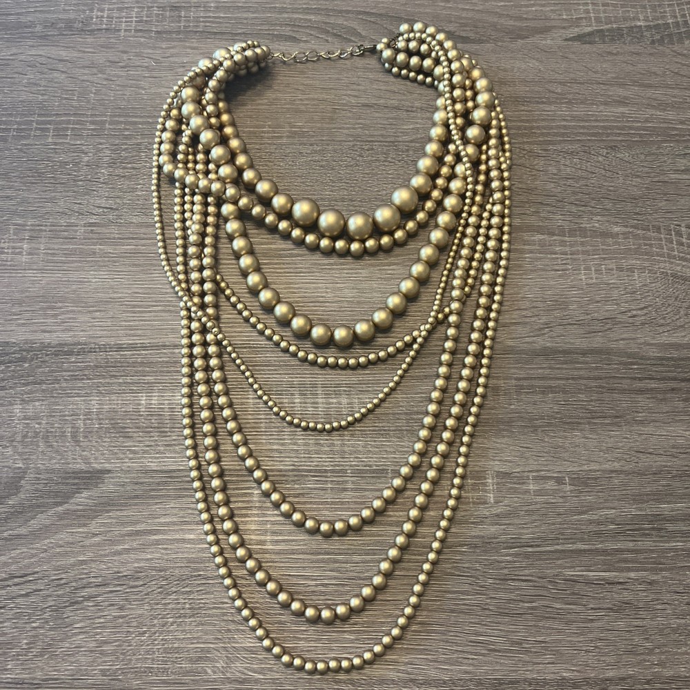 Vintage Gold Tone Multi Strand Beaded Bib Necklace Statement Layered Collar Boho