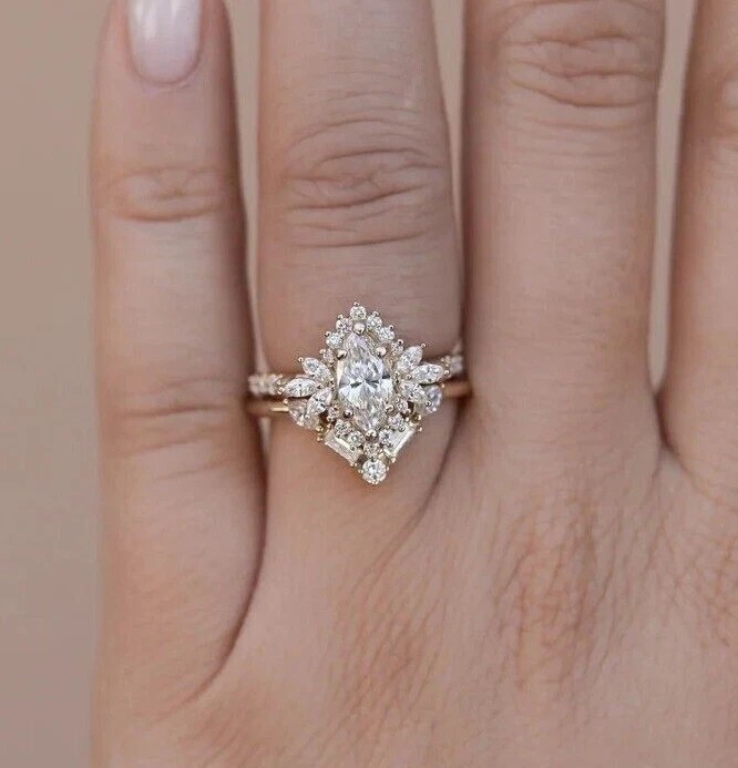 2Ct Marquise Cut Simulated Diamond Pretty Bridal Ring Set 14K Yellow Gold Plated