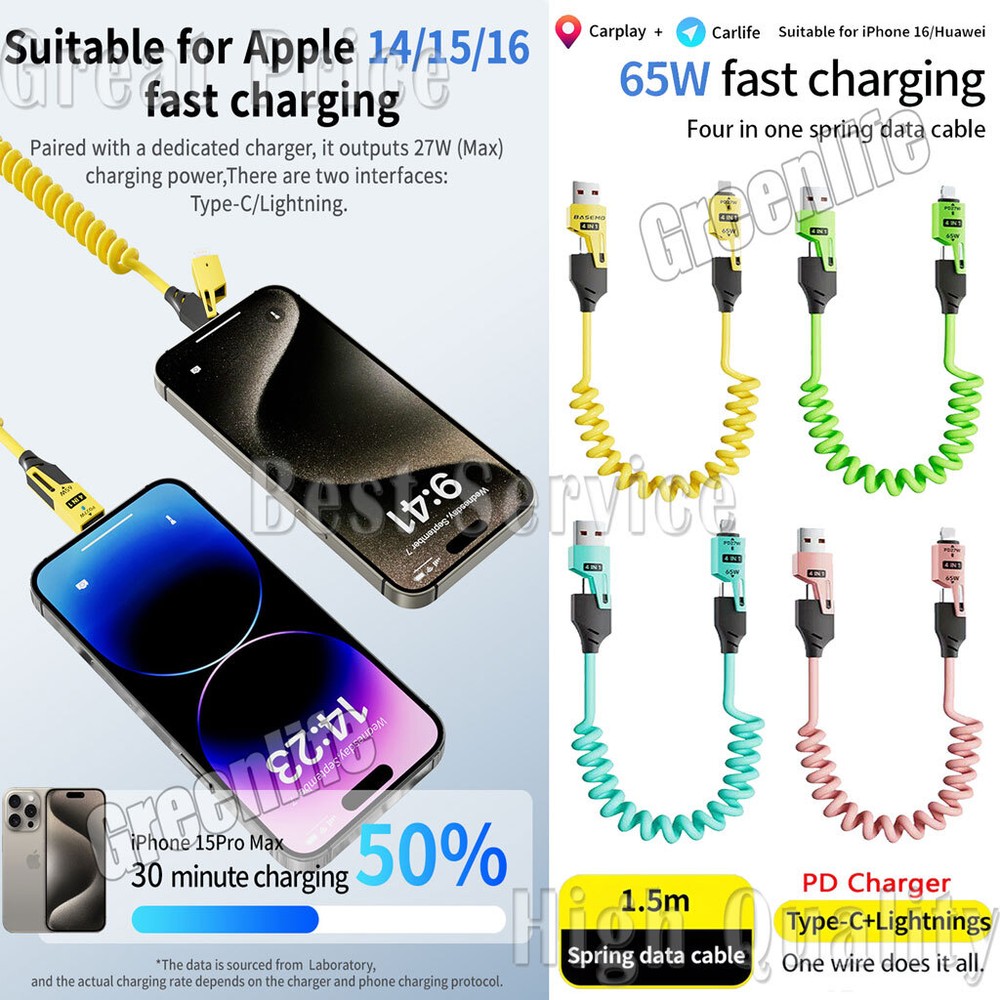 65W 4-in-1 Spring Telescopic USB-C Fast Charging Data Cable  