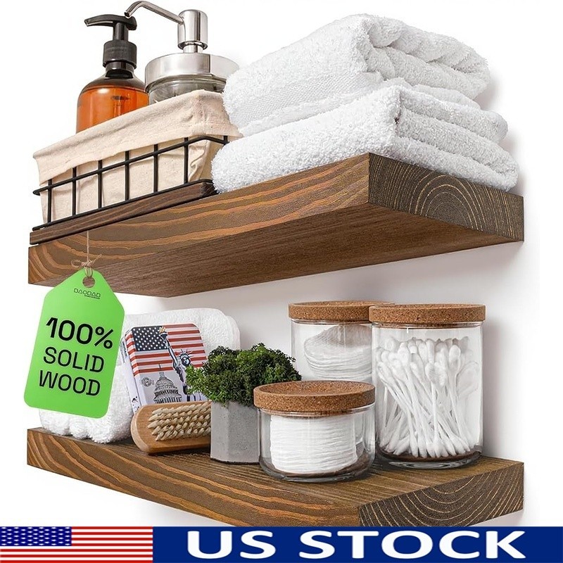 Natural Wood Floating Shelves Heavy Duty Rustic Wall Decor Easy Install 2 Set US