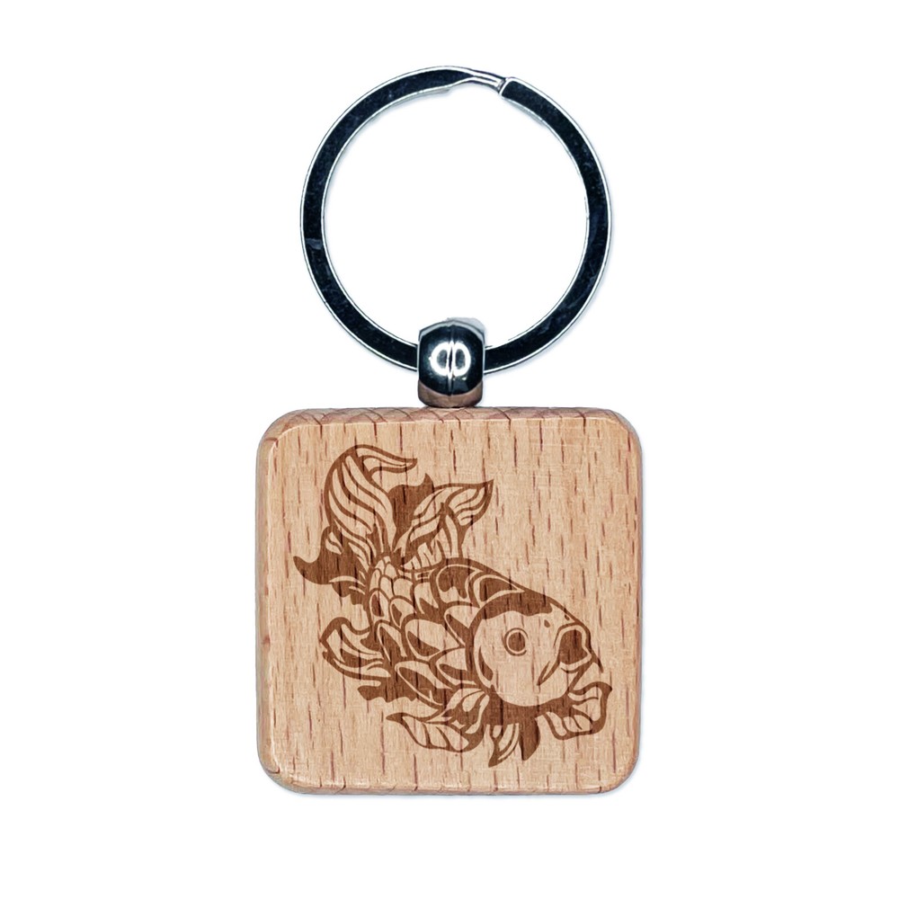 Elegant Wooden Koi Fish Square Keychain Charm with Engraving