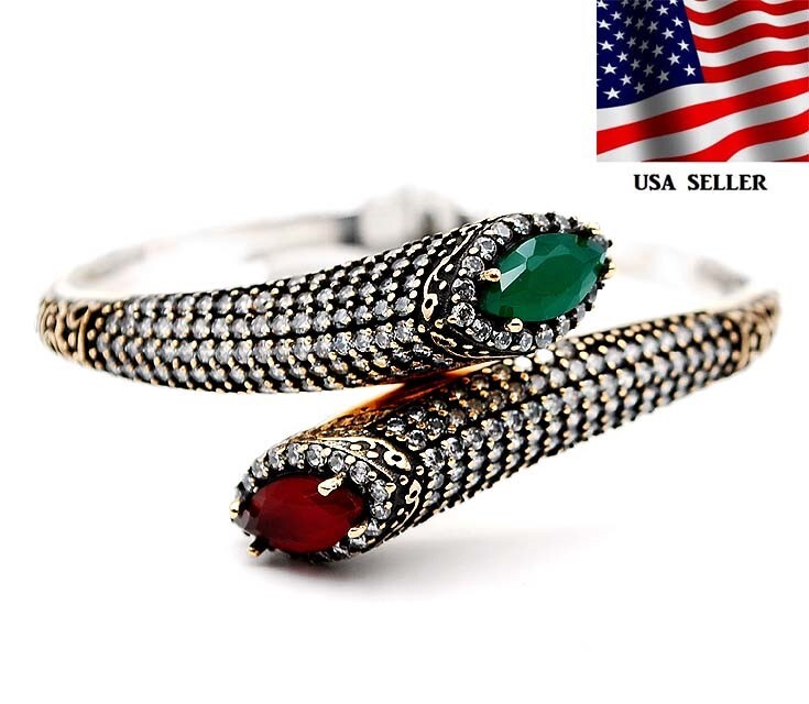 Ottoman Empire Inspired 11CT Treated Ruby Emerald Sterling Silver 925 Elegant Bracelet