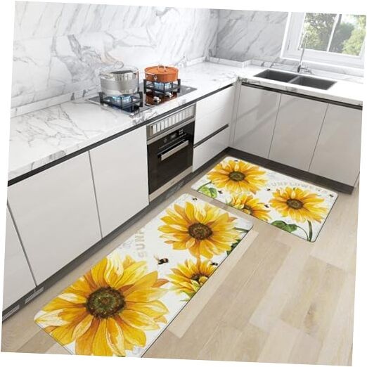Vintage Yellow Sunflower Non-Slip Kitchen Rug Set of 2 Anti-Fatigue Mats