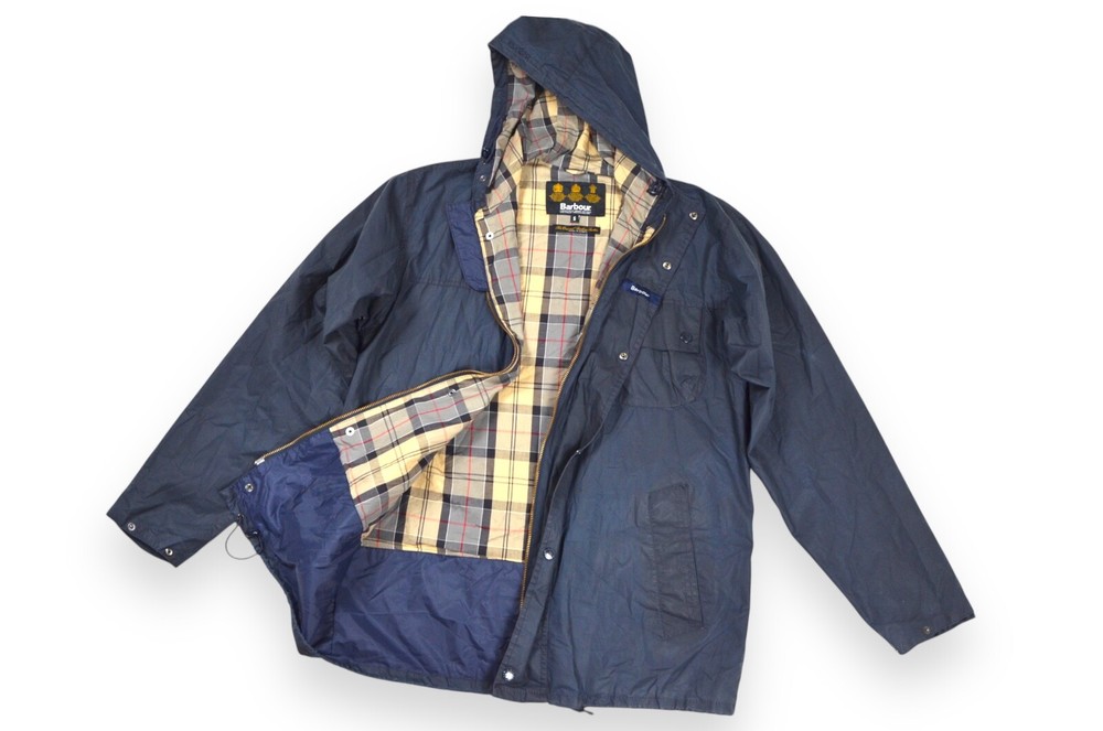 Men’s Barbour Durham Blue Wax Hooded Jacket with Tartan Lining Size S England