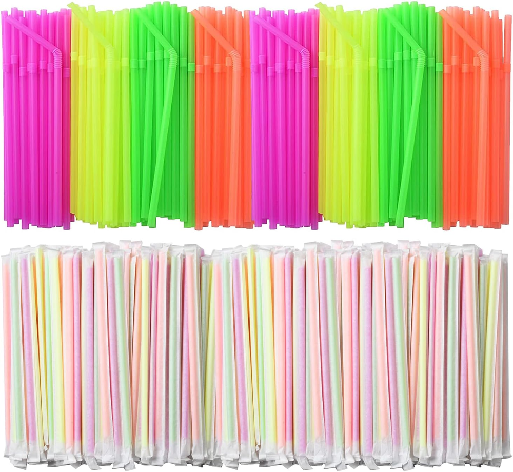 1000 Count Neon Flexible Plastic Drinking Straws, Individually Wrapped, Disposab