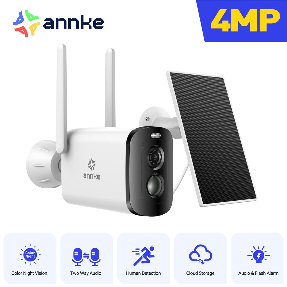 ANNKE 4MP Wireless Outdoor Security System with Solar Battery, Color Night Vision, 2-Way Audio, and WiFi Connectivity