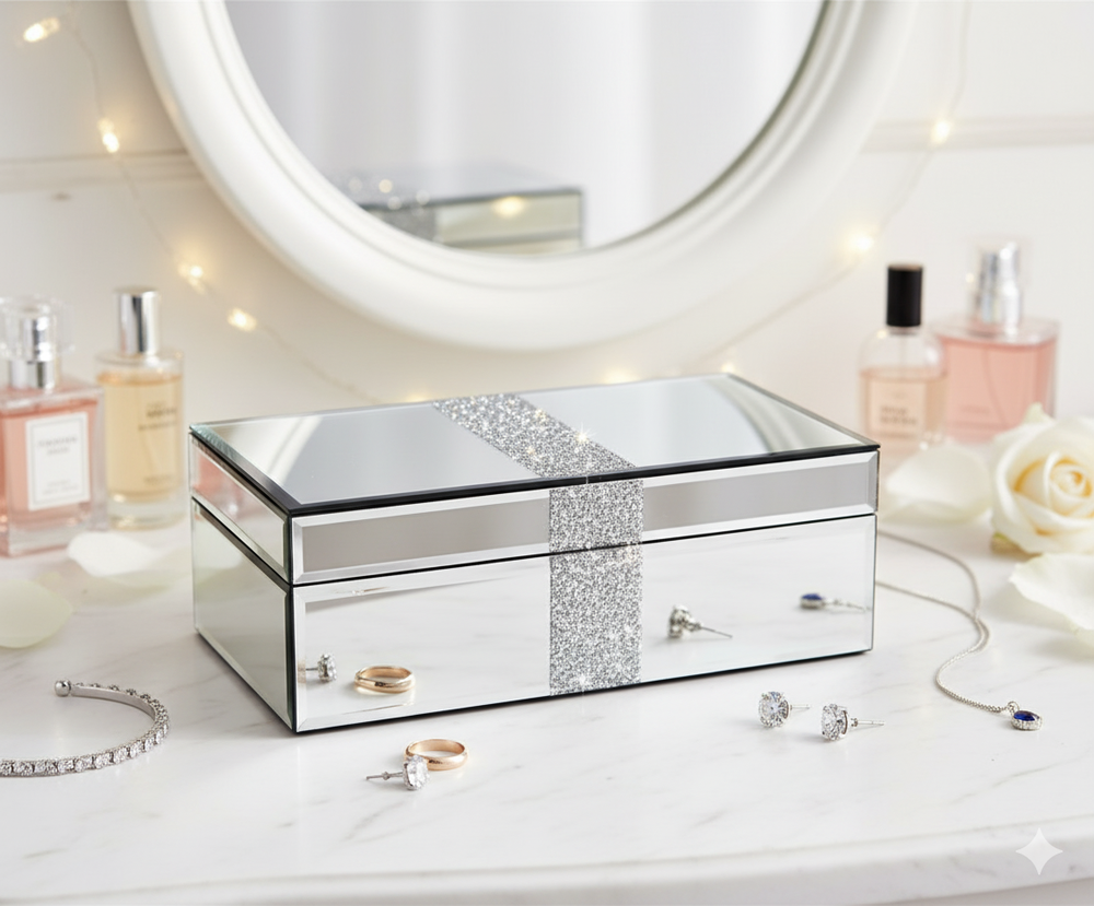 SERENA'S ® Silver Crushed Diamond Luxury Design Glass Mirrored Jewellery Box Gif