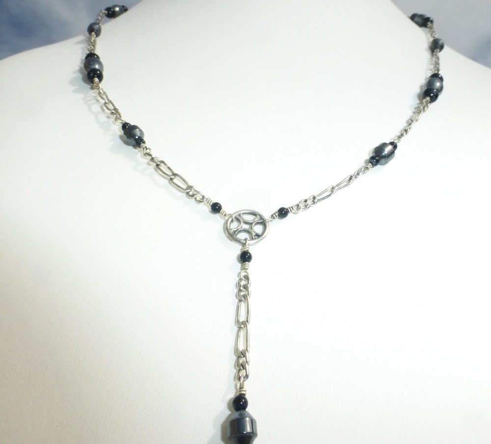 BEAUTIFUL STERLING SILVER 925 HEMATIME AND BLACK ONYX DANGLE NECKLACE SEXY ON