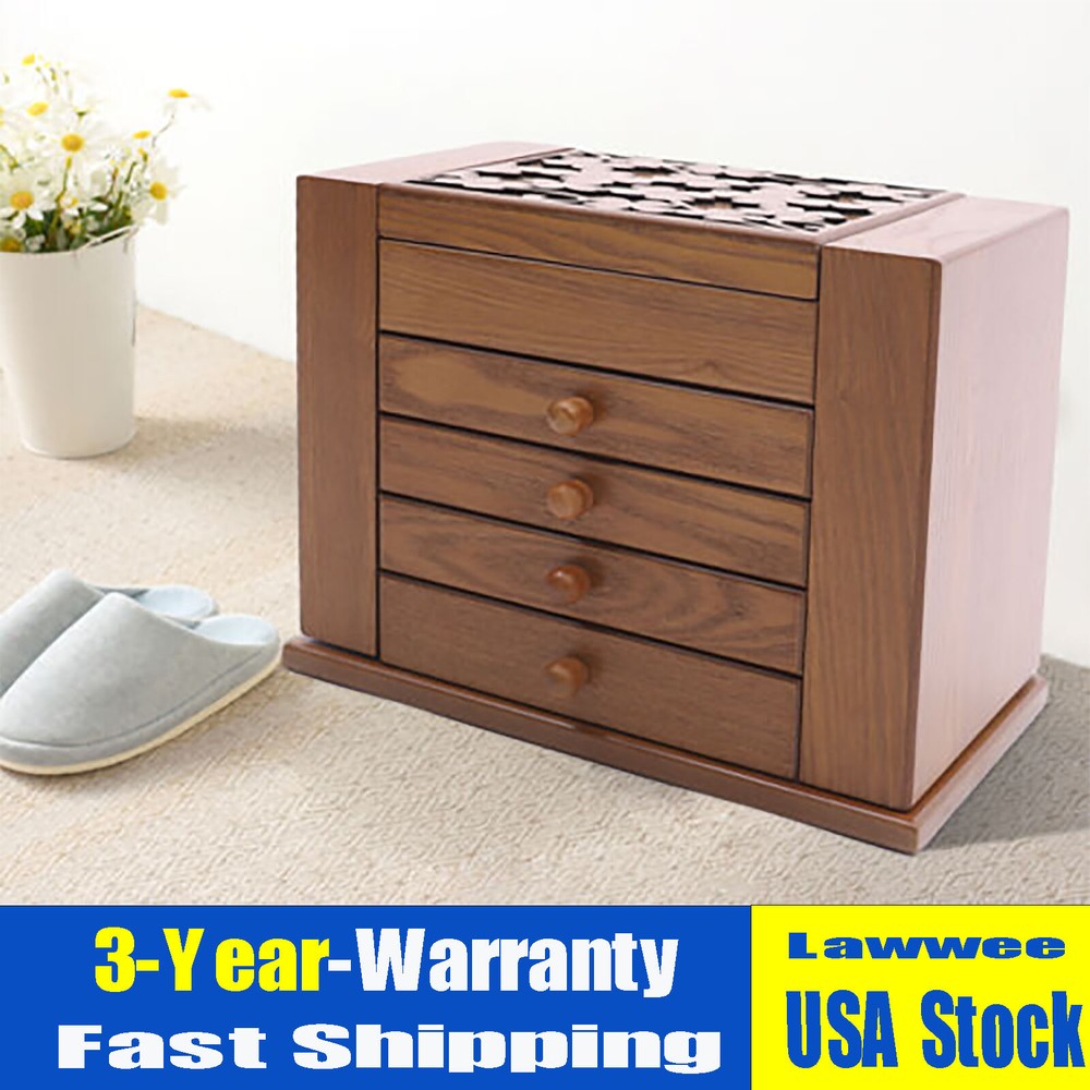 5 Layers Vintage Jewelry Organizer Case Large Wooden Storage Box with 4 Drawers