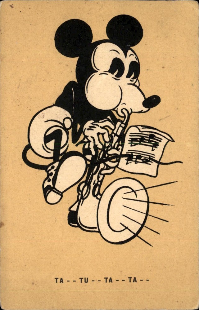 Walt Disney Early Mickey Mouse Cartoon Plays Saxophone Vintage Postcard
