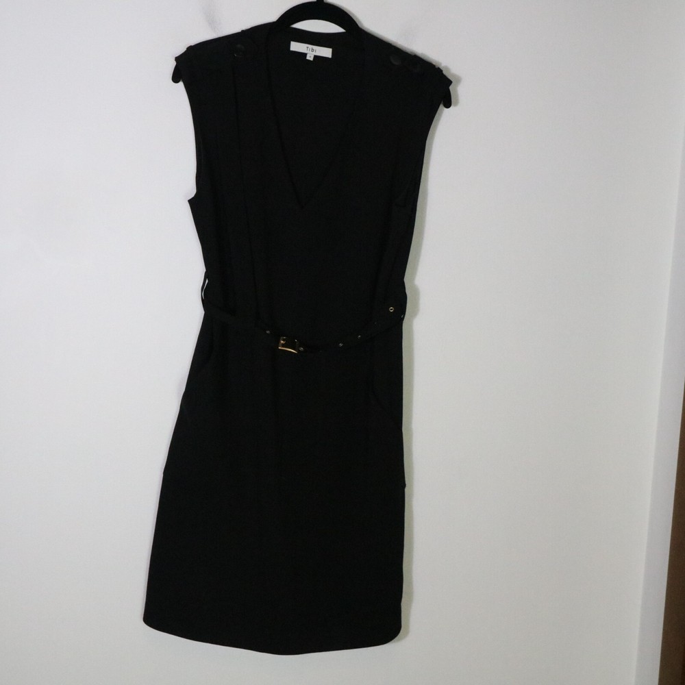 Tibi Black Gold Grommet V-Neck Mini Dress Womens Size 4 Dark Grunge Neutral Belted