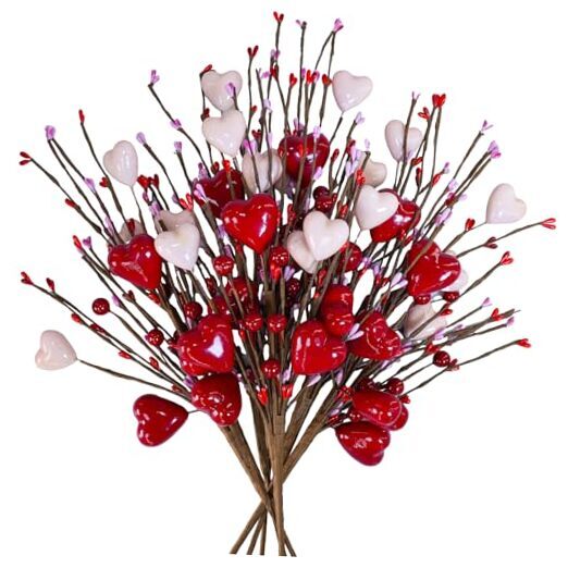 6 Pcs Valentine's Day Heart Berry Sprays Red Pink Artificial Decor