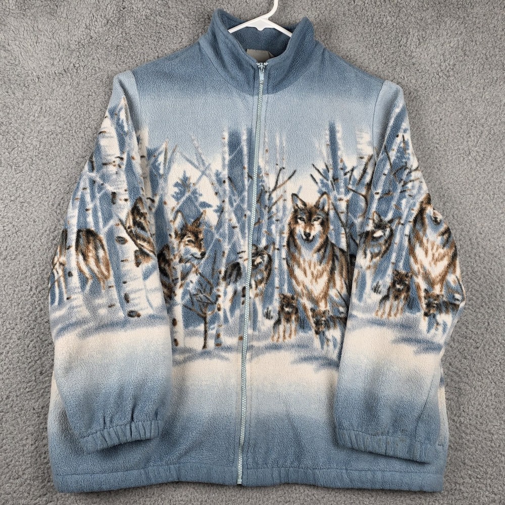 Vintage Blair Sweater Mens Large Blue Wolf Pack Aop Full Zip Fleece Winter Scene
