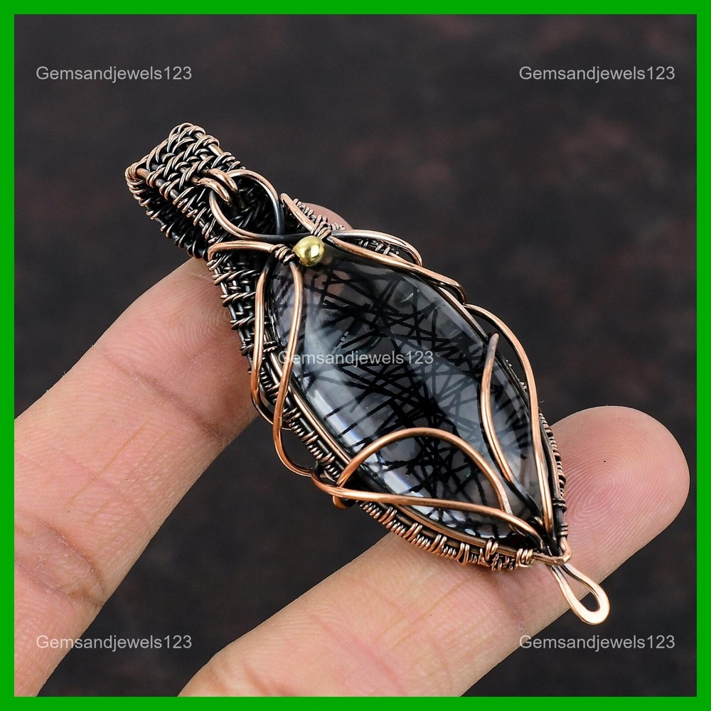 Copper Oval Black Rutile Gemstone Wire Wrapped Pendant Gift for Mom  -image