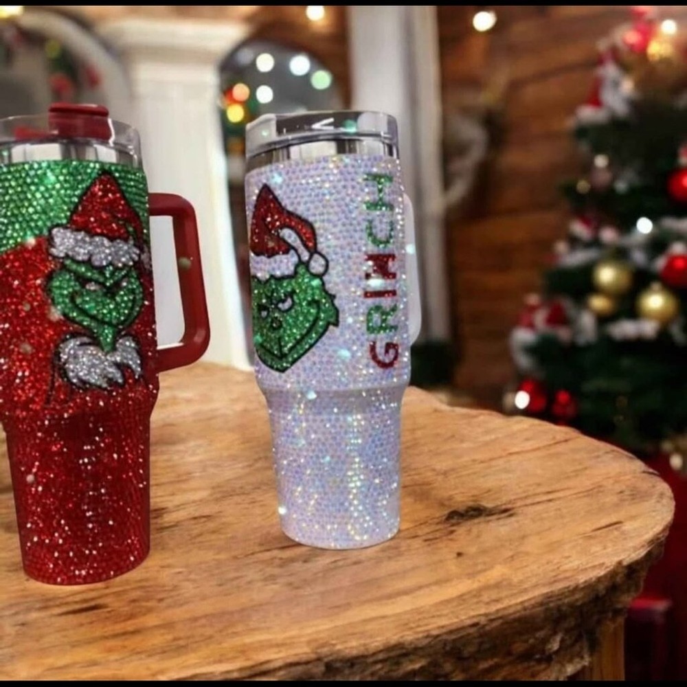 Grinch Christmas 40oz White Rhinestone Tumbler New