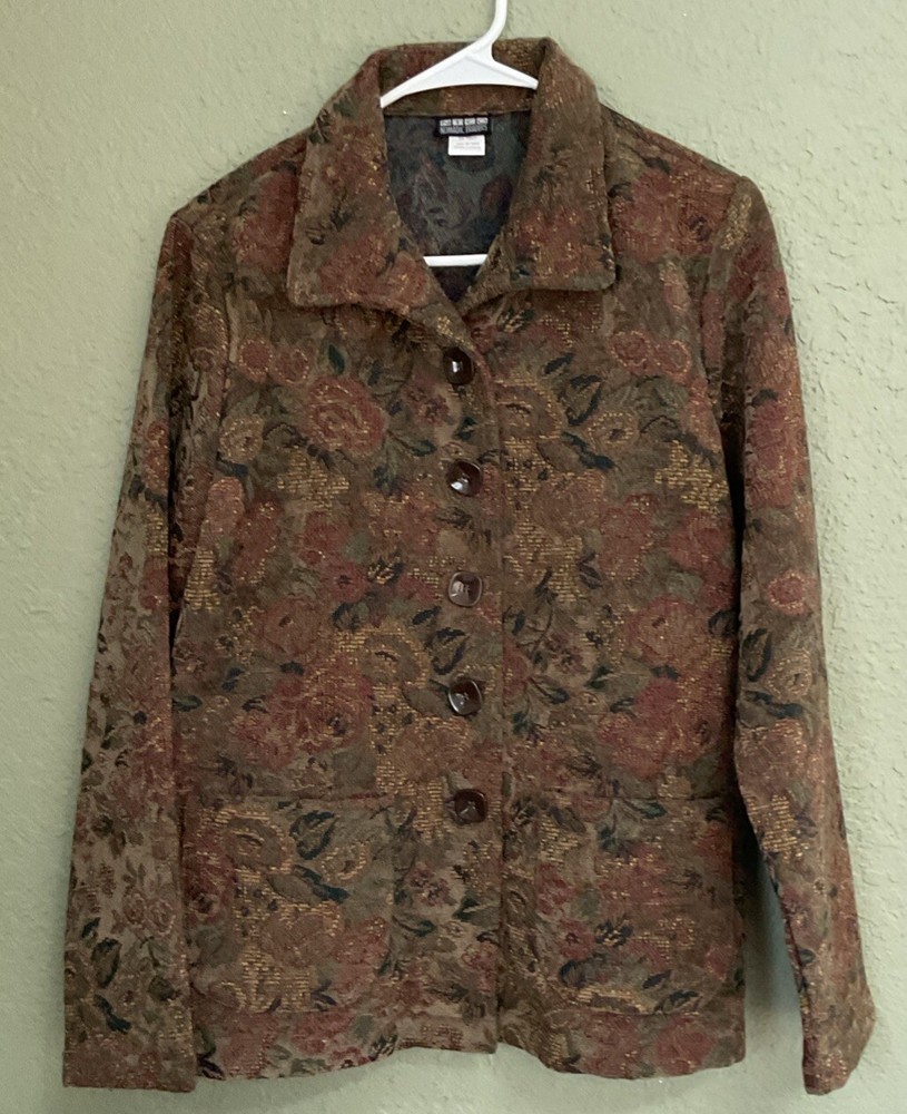NTCO Nomadic Traders Womens Size M EARTH TONES Green Tapestry Button Up Jacket
