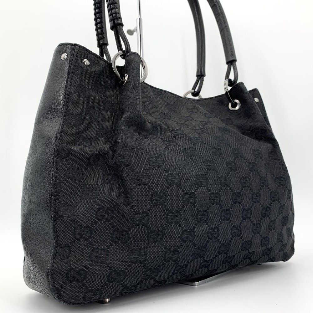 Gucci GG Canvas Tote Bag Braided Leather Unisex Black Pre-Owned