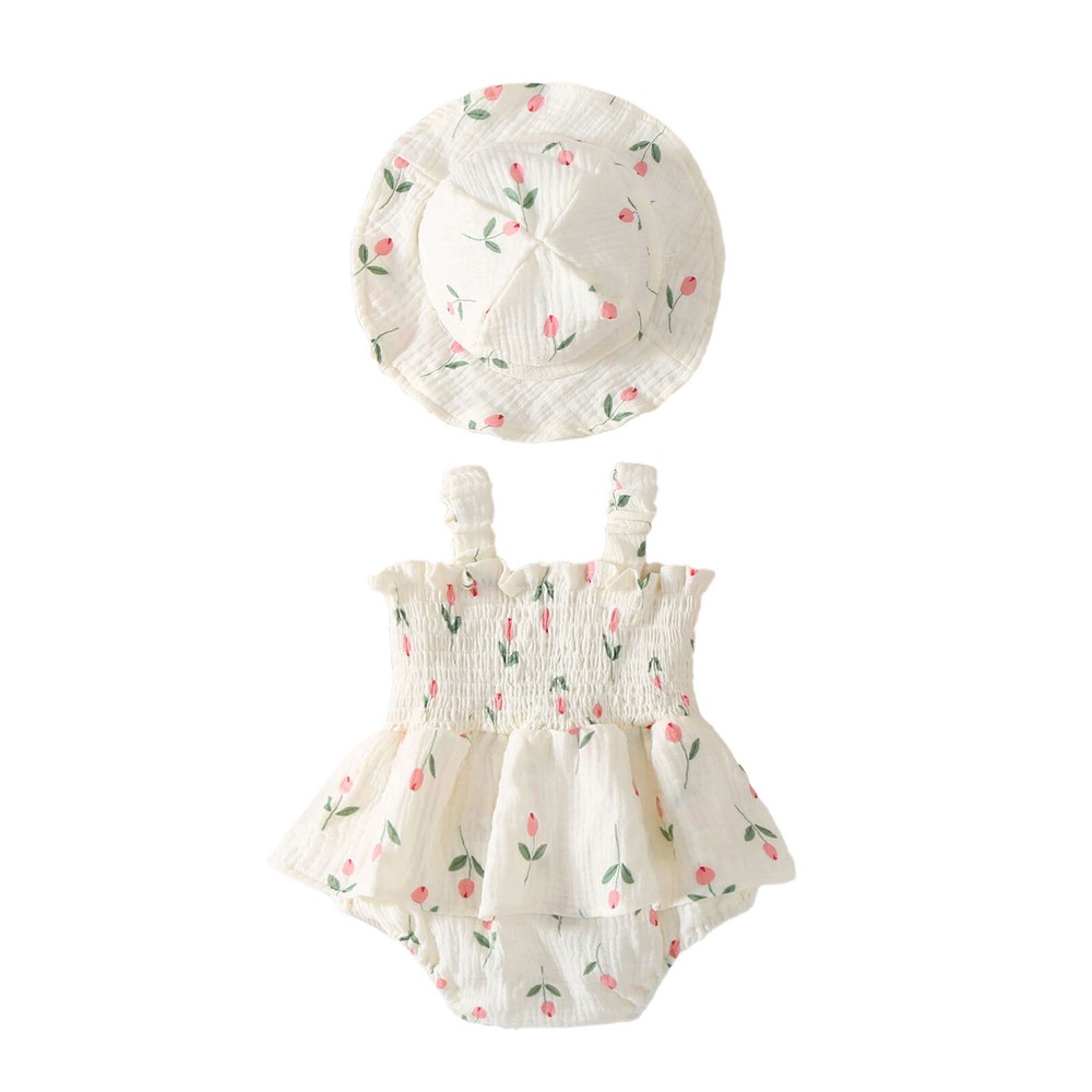Baby Girls Romper Dress Up With Hat Floral Outfits Sleeveless Jumpsuit Clothes