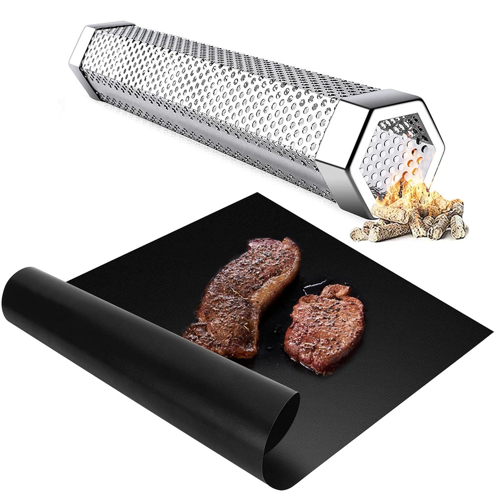 Smoke Tube for Pellets, 12'' Pellet Smoker, plus Fiberglass BBQ Grill Mat