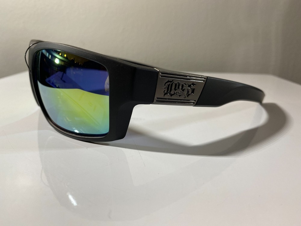 Men's black frame wrap sunglasses with yellow reflective lenses