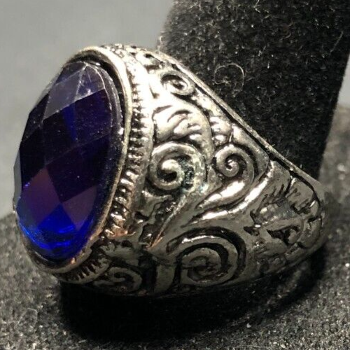 Vintage Antique Silver Tone Blue Sapphire Rhinestone Ring - Size 10