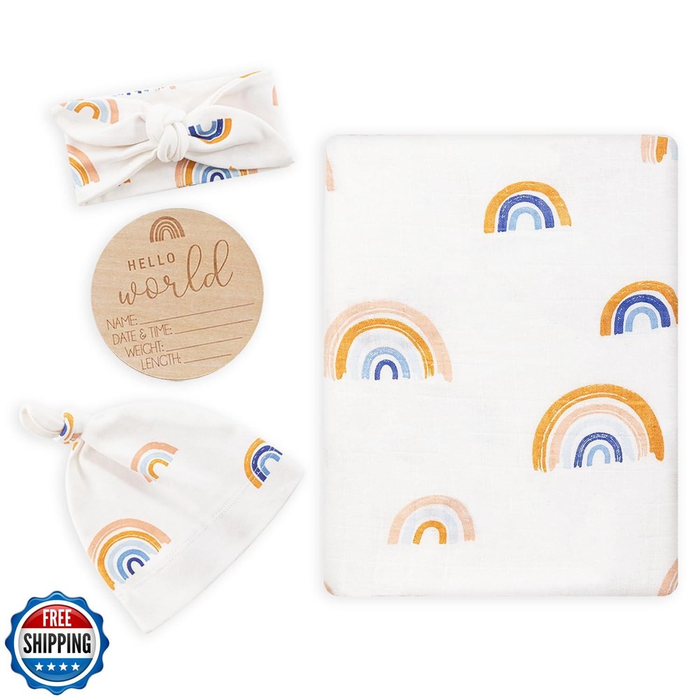 BabyWhale Rainbow Muslin Swaddle Blanket Set with Hat and Headband Bow