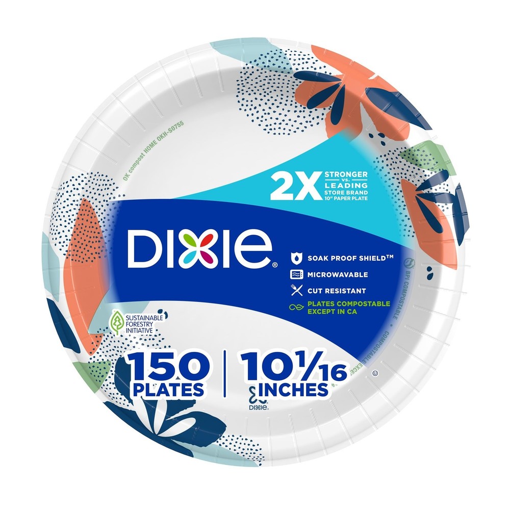 Dixie Large Paper Plates, 10 Inch, 150 Count, 2X Stronger*, Microwave-Safe, Soa
