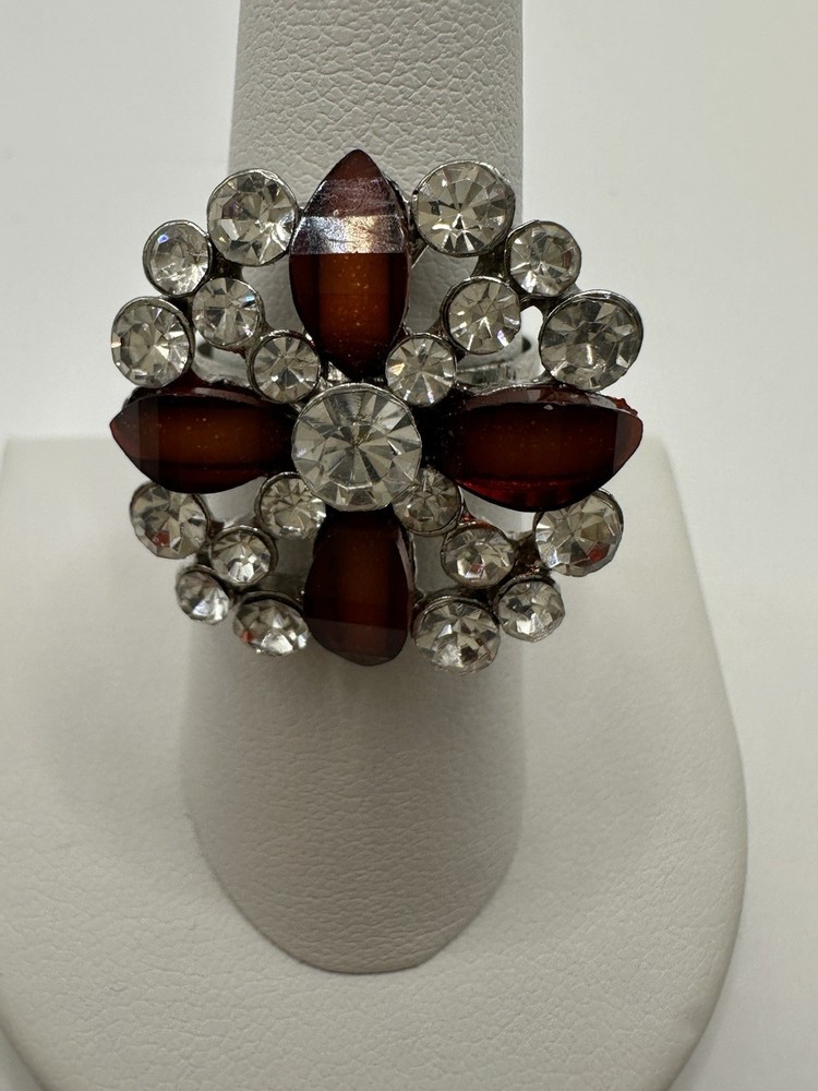 Silver Tone Adjustable Ring With Red & Clear Rhinestone