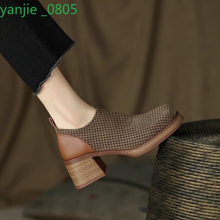 Women's Leather Casual Shoes Elastic Fabric Round Toe Slip On Block Heel Loafers