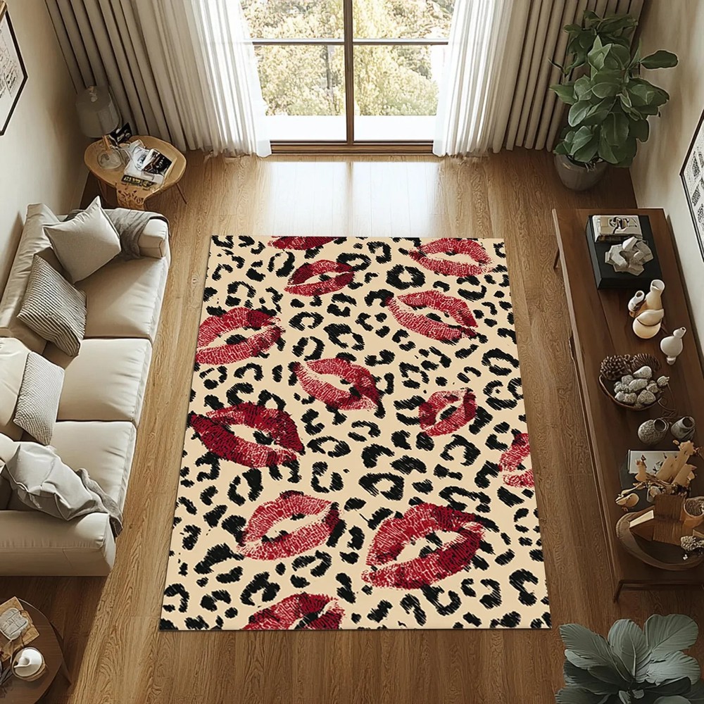 Leopard Print Rug, Red Lips Rug, Pop Art Rug, Bold Statement Area Rug, Funky