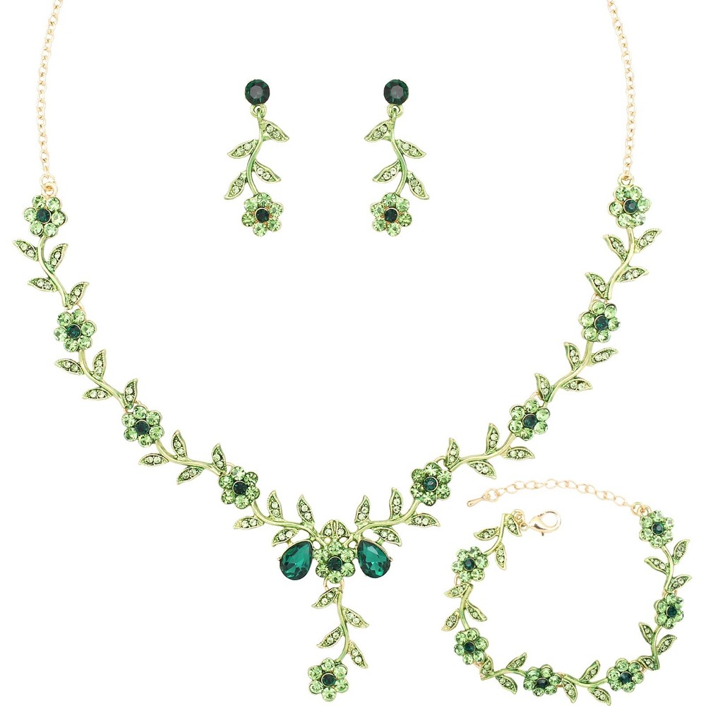 Flower Leaf Crystal Pendant Necklace Dangle Earrings Link Bracelet Bride Brid...