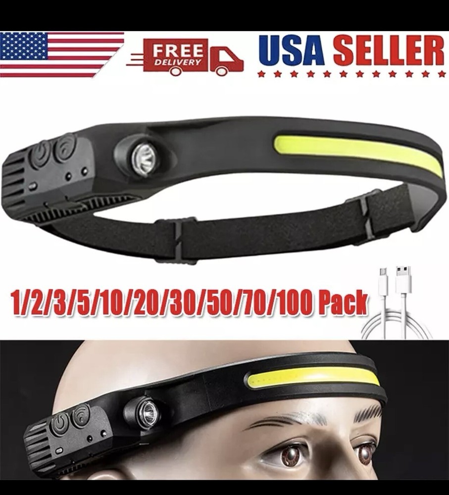 COB LED Headlamp USB Rechargeable Headlight Torch Work Light Bar Head Band Lamp
