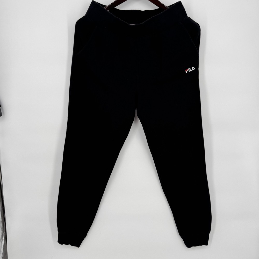 FILA Pants Mens Medium Black Fleece Joggers Sweatpants Elastic Logo Pockets